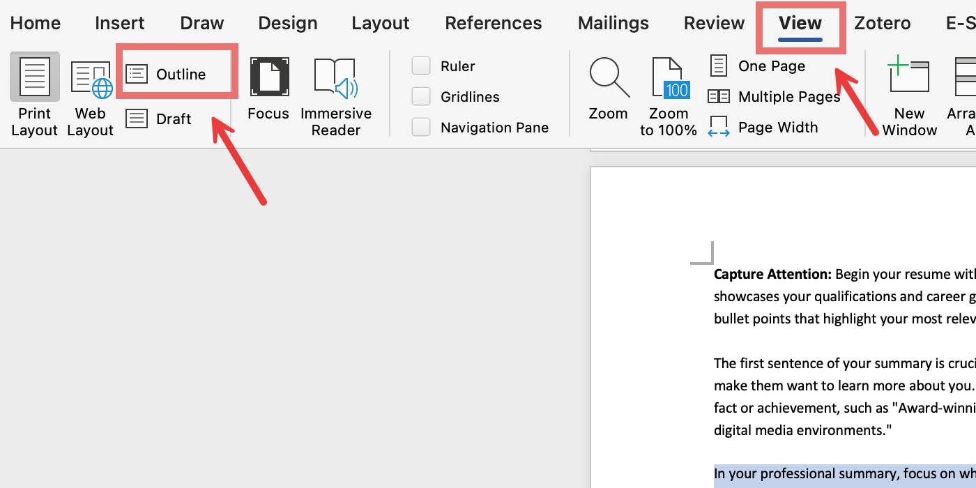 Pilih Outline di Word