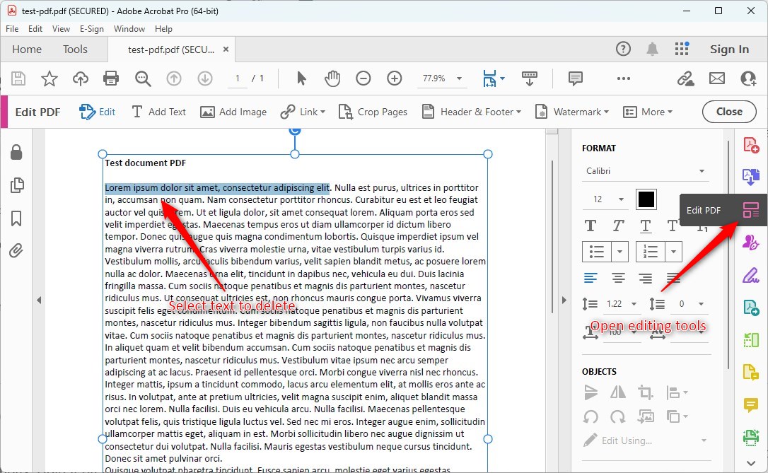 Pilih Teks untuk Dihapus di Acrobat