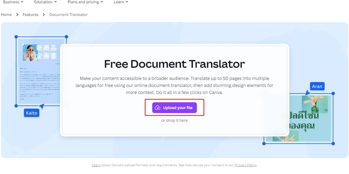 Unggah File ke Canva Translator