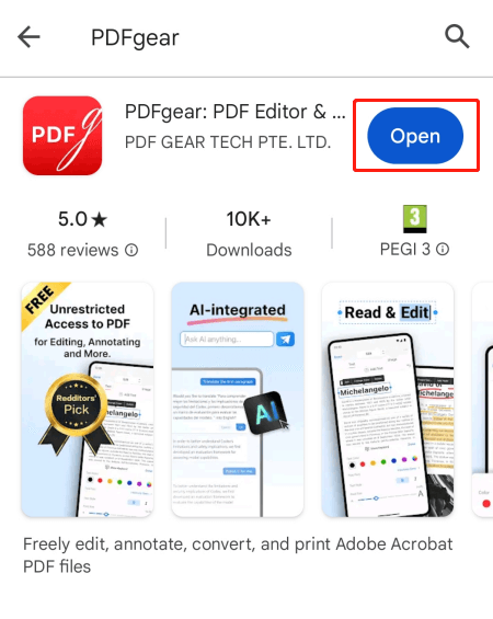 Open PDF with PDFgear App for Android