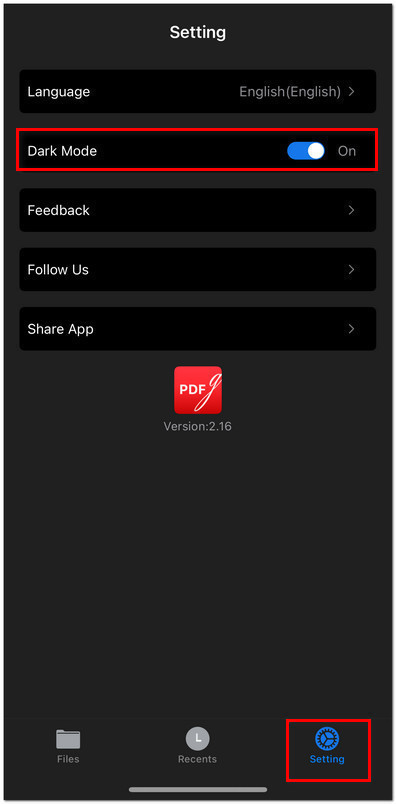 Enable the Dark Mode in PDFgear for iOS