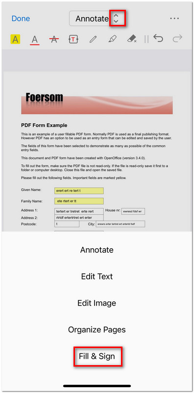 Enter the Fill and Sign Mode