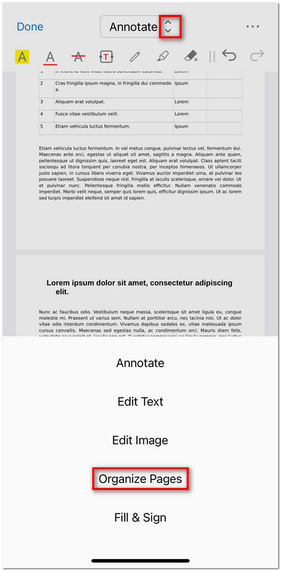 Enter the Organize Pages Mode