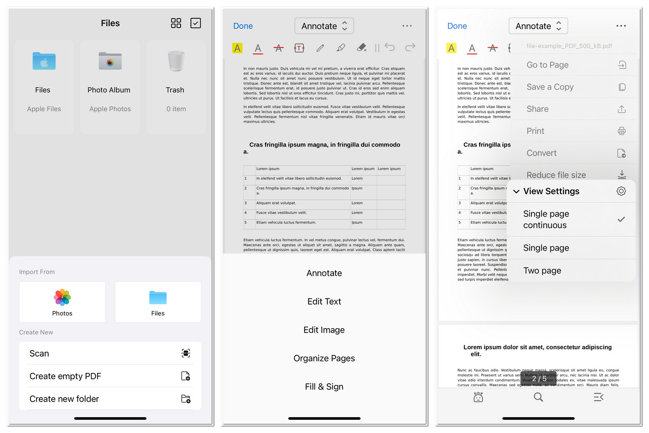 PDFgear for iOS Interface