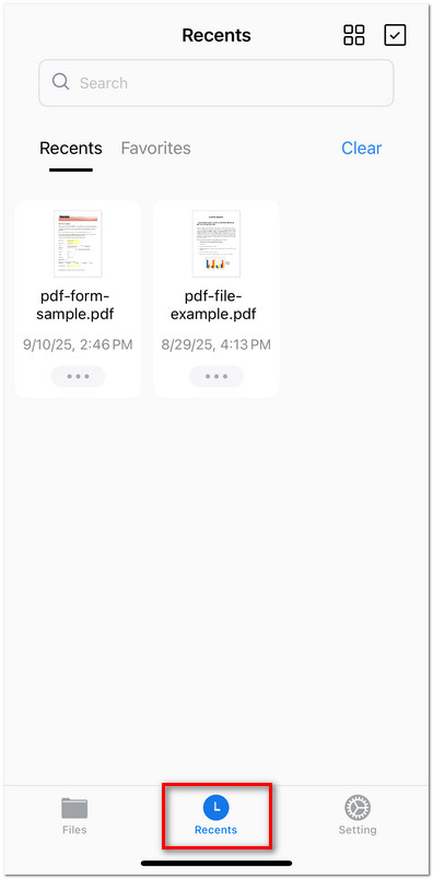Recents Tab in PDFgear for iOS