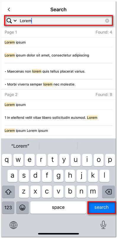 Search Words and Phrases in PDFgear for iOS