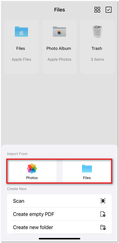 Select to Import File from Photos or Files