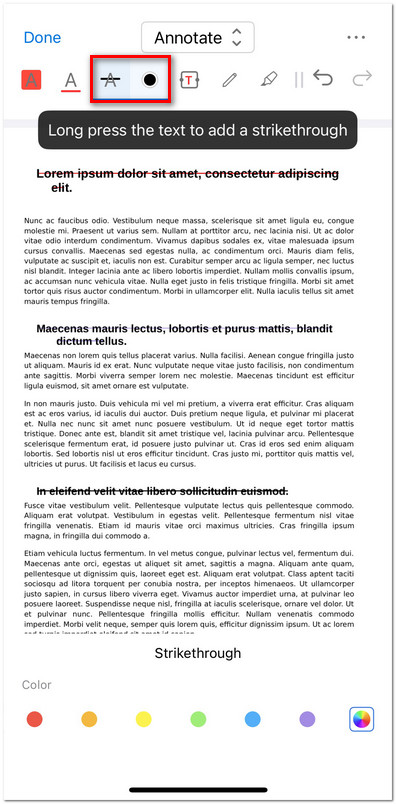 Strikethrough Text in PDF on iOS