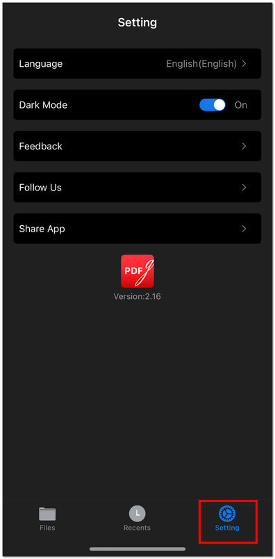 The Setting Tab in PDFgear for iOS