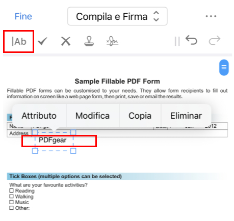 Compilare il modulo PDF nell'app PDFgear