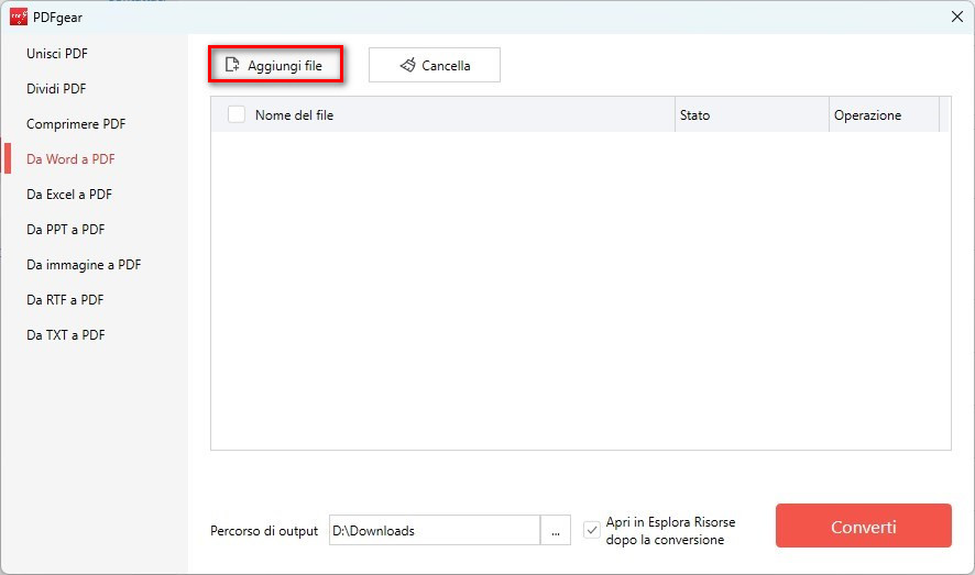 Aggiungi File Word da Convertire
