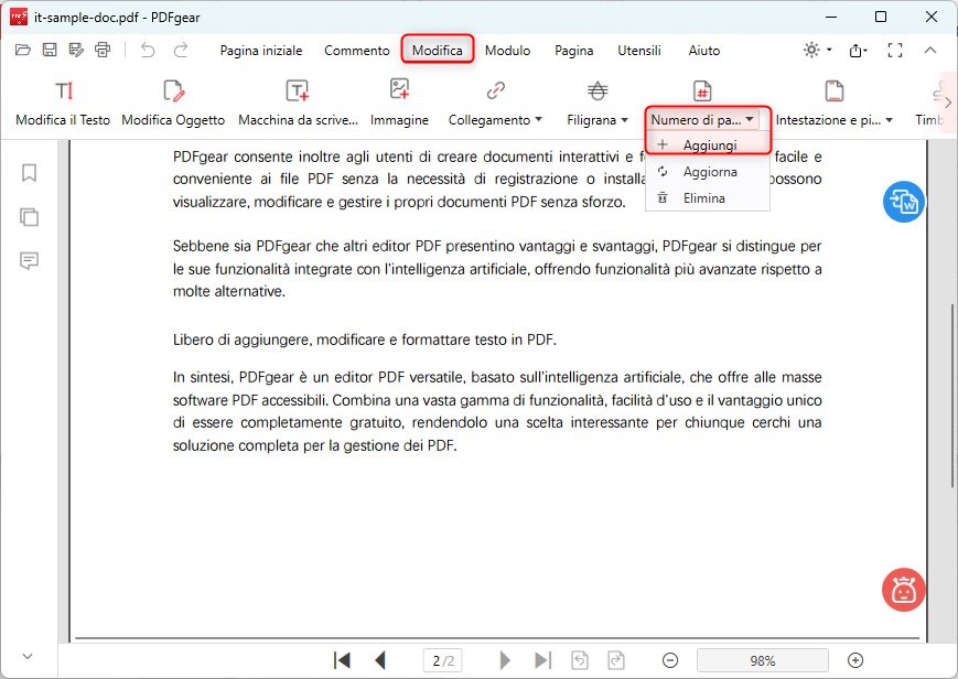 Aggiungi Numeri di Pagina in Modalità Modifica