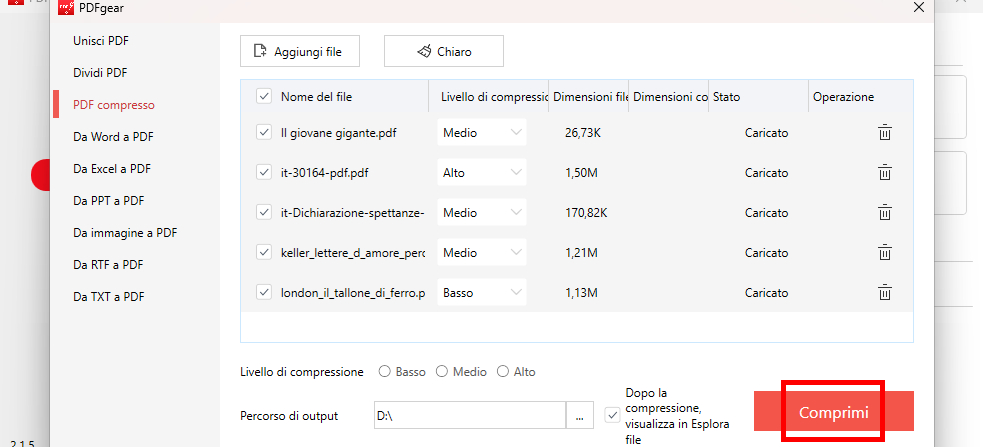 Comprimi ed Esporta PDF con PDFgear