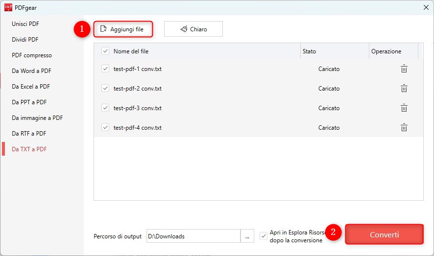 Converti file TXT in PDF con PDFgear