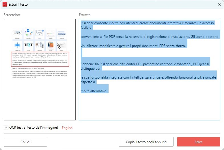 Copia o salva il testo estratto
