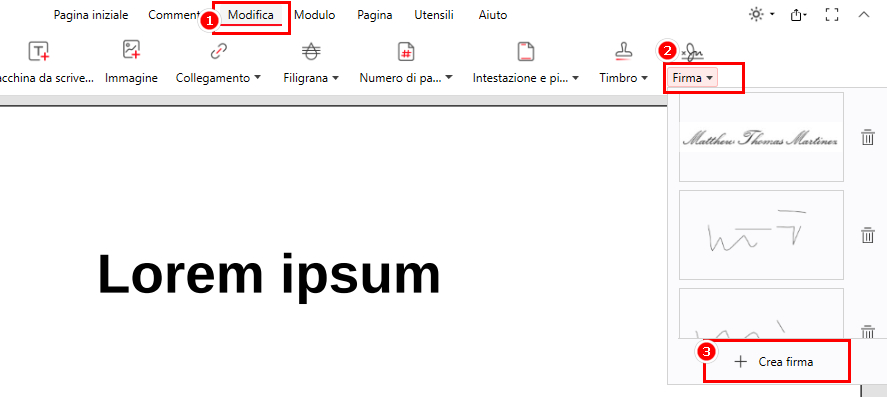 Scegli l'opzione Crea Firma in PDFgear