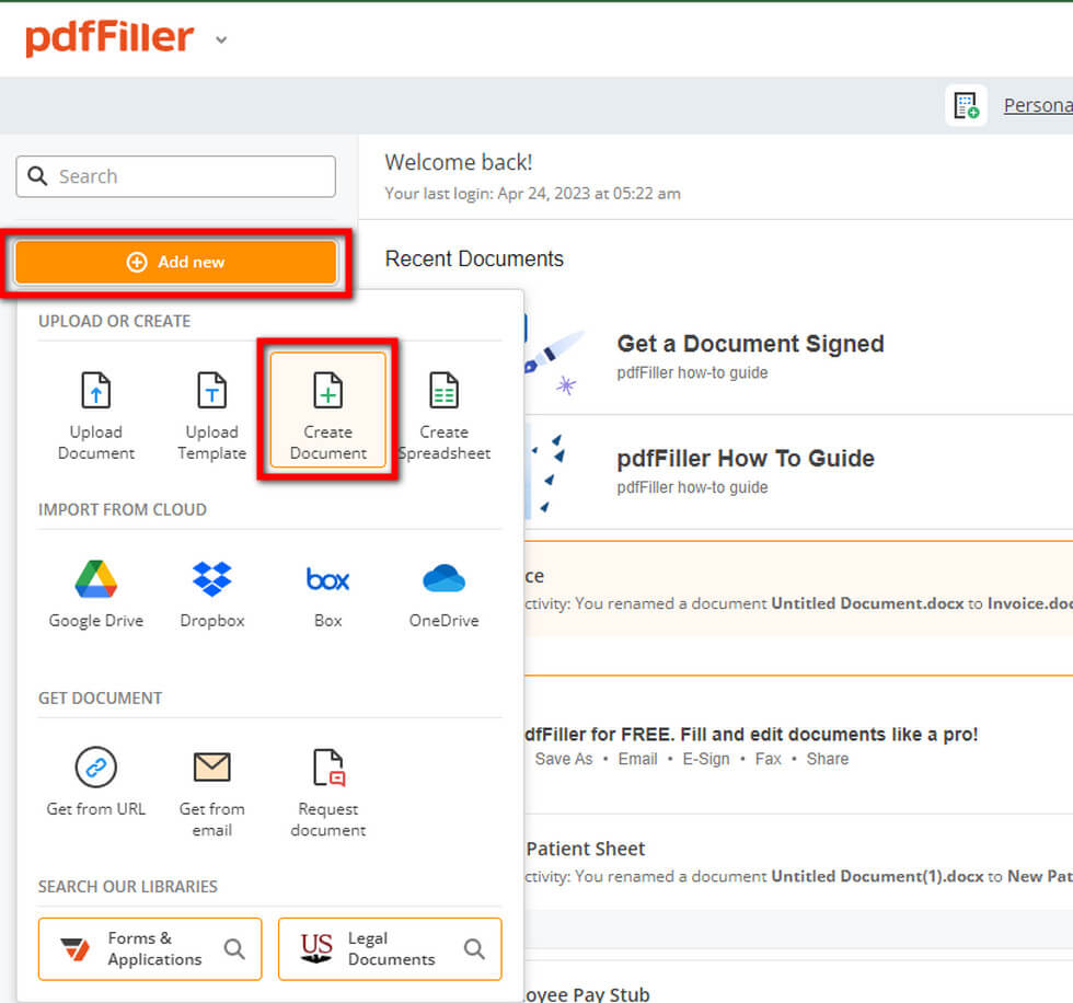 Crea un Documento in pdfFiller