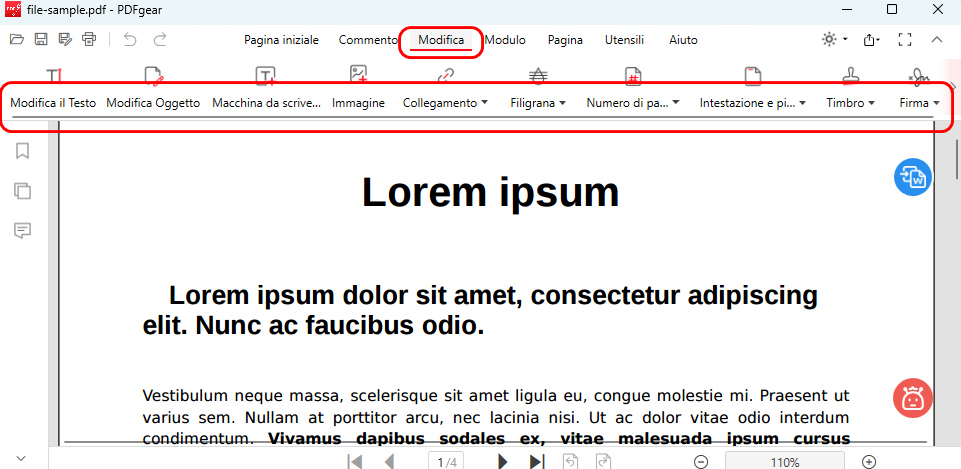 Menu di Modifica in PDFgear