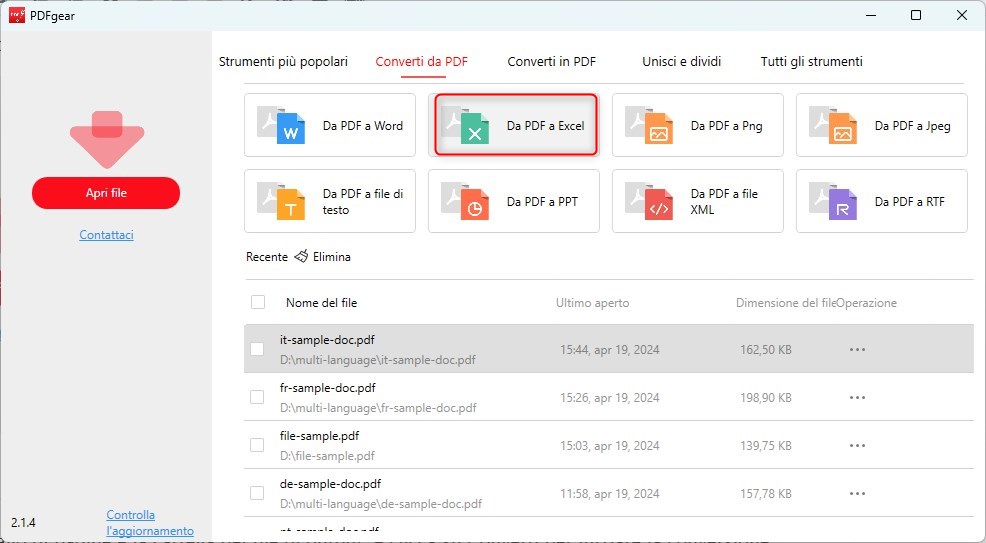PDFgear Da PDF a Excel