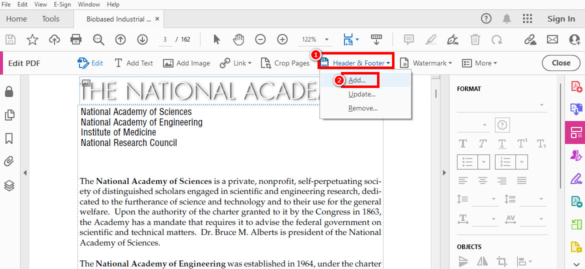 Individua il Pulsante di Aggiunta Intestazione & Piè di Pagina in Adobe Acrobat