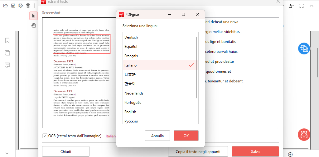 Scegli la Lingua di Estrazione del Testo