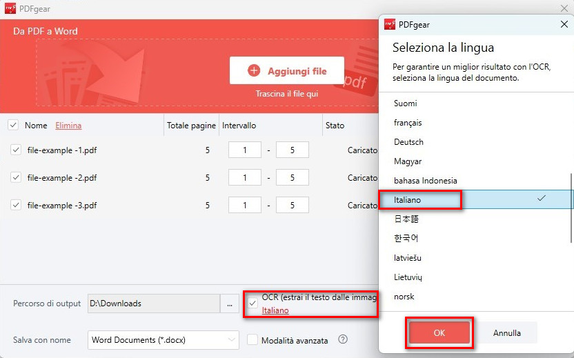 Spunta il pulsante OCR