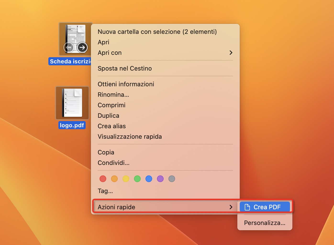 Unisci più PDF con Finder