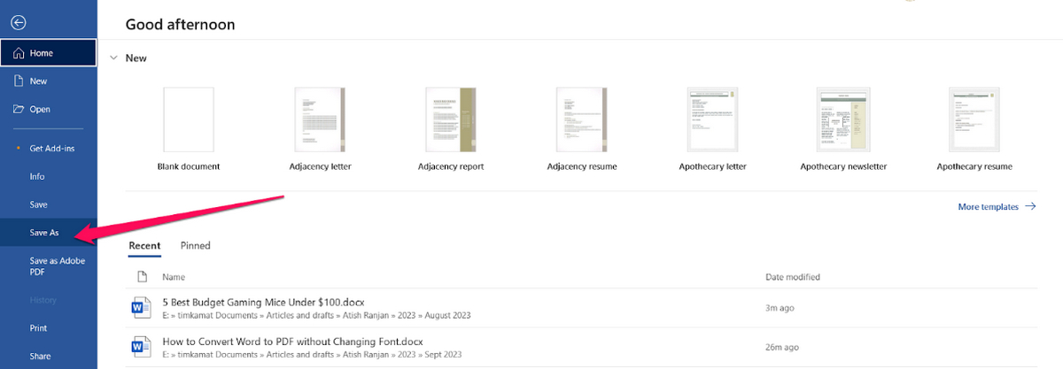 Go to Save As in Word
