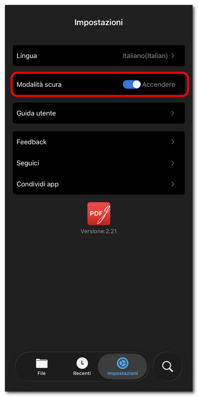 Abilitare la Modalità Scura in PDFgear per iOS