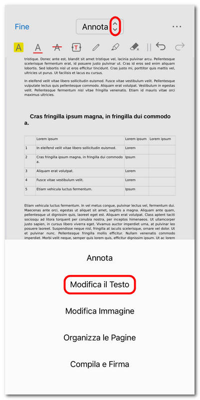 Aprire la modalità modifica testo