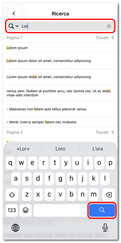 Cercare parole e frasi in PDFgear per iOS