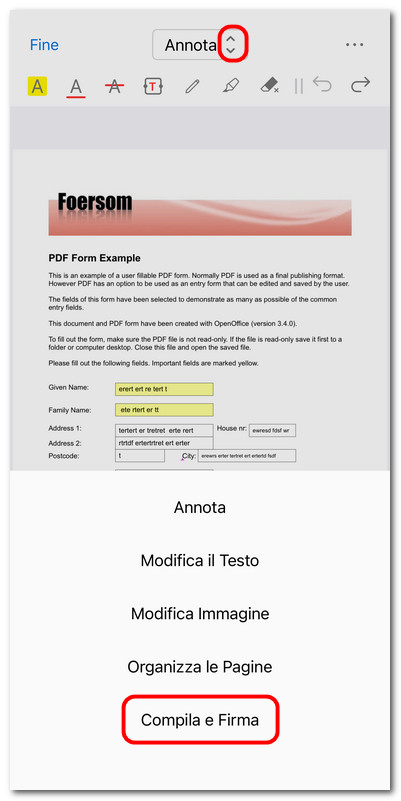 Entrare nella modalità Compila e firma