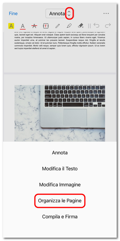 Entrare nella modalità Organizza pagine