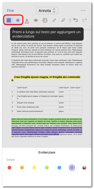 Evidenziare il testo nel PDF su iOS