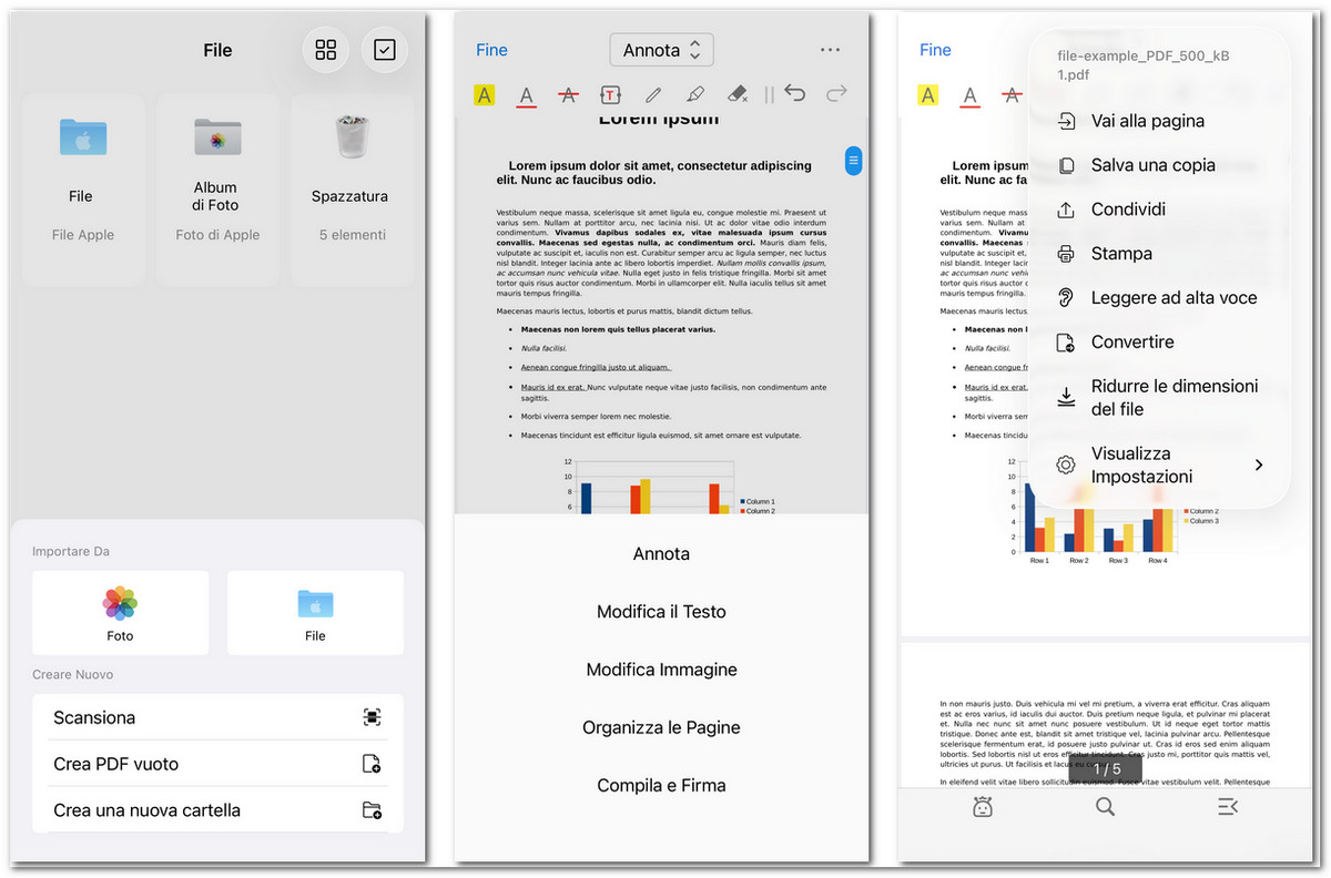 Interfaccia di PDFgear per iOS
