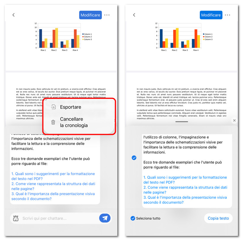Pulire o esportare la cronologia della chat