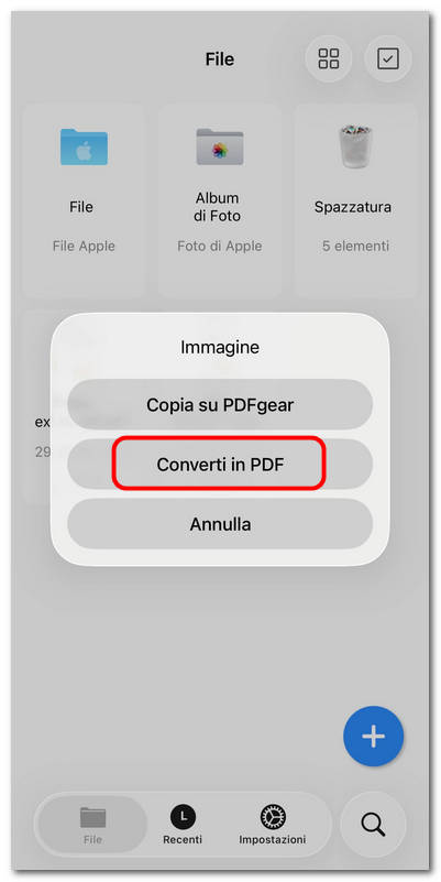 Scegliere di convertire immagini in PDF su iOS