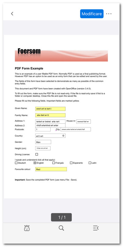 Scegliere di modificare un modulo PDF su iOS