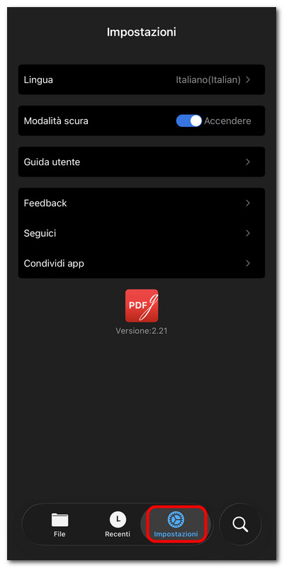 Scheda Impostazioni in PDFgear per iOS