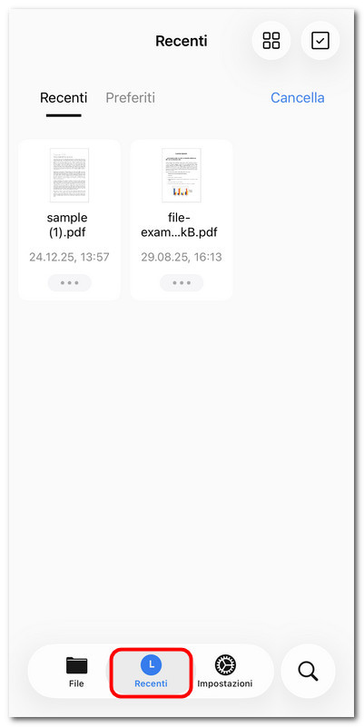 Scheda Recenti in PDFgear per iOS