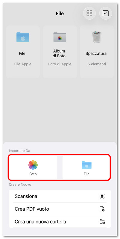 Selezione dell’importazione di file da Foto o File
