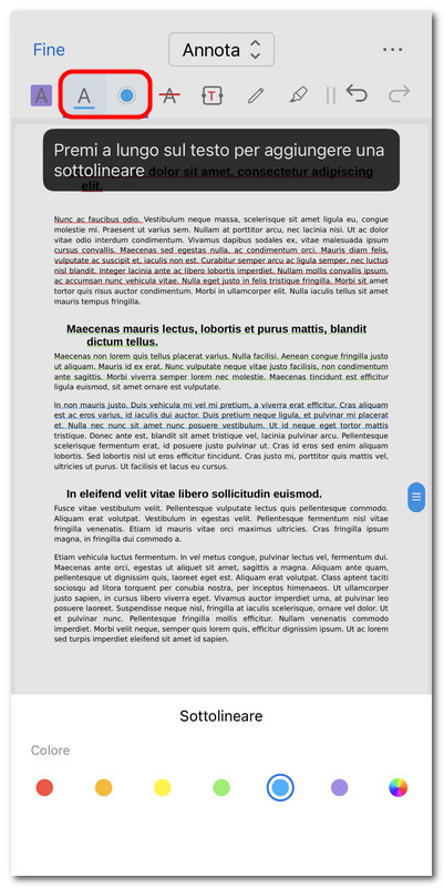 Sottolineare il testo nel PDF su iOS
