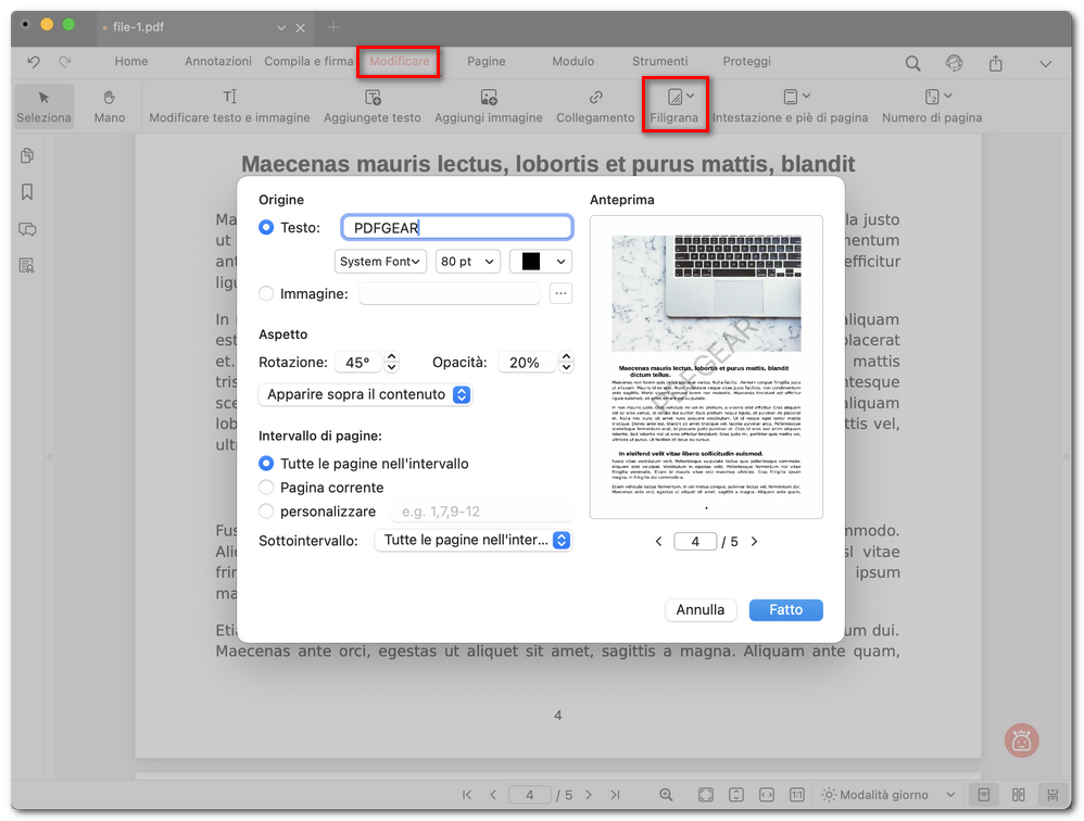 Aggiungere e visualizzare in anteprima la filigrana