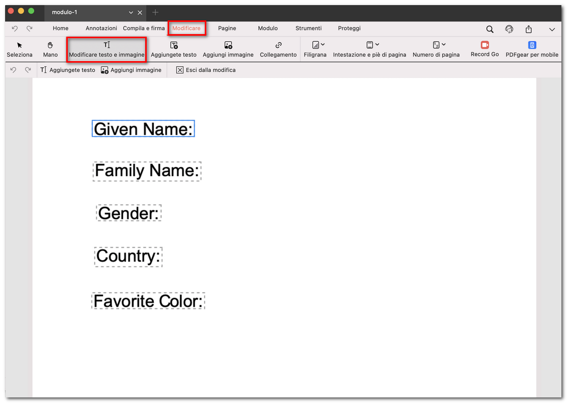 Aggiungere etichette al modulo PDF