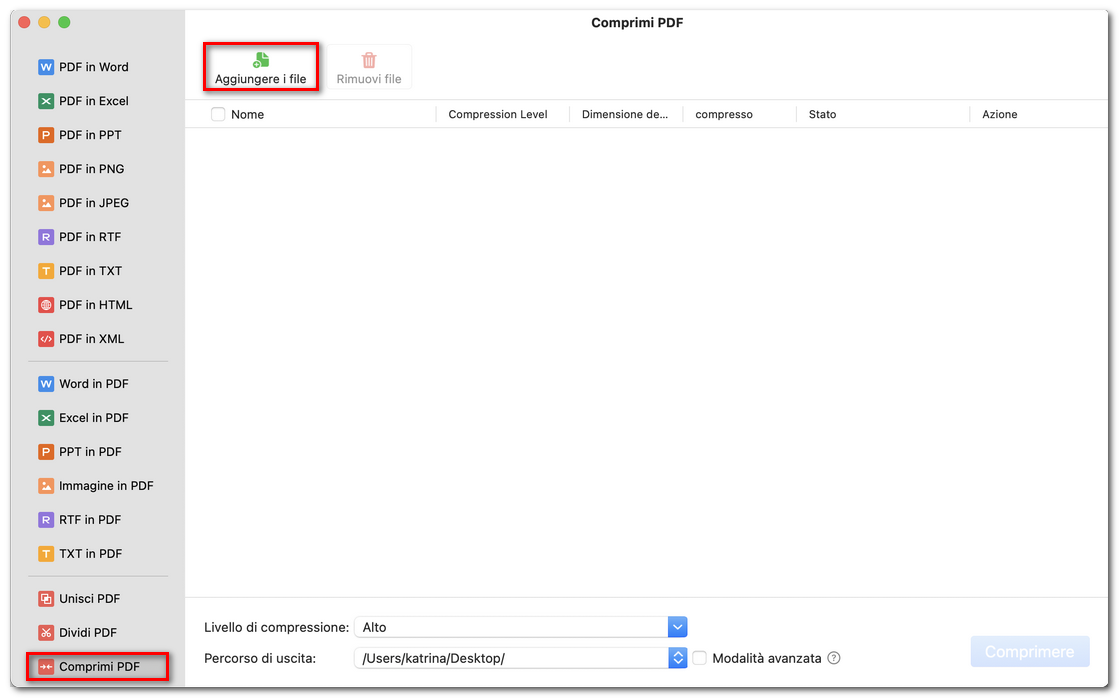 Aggiungere file PDF al compressore