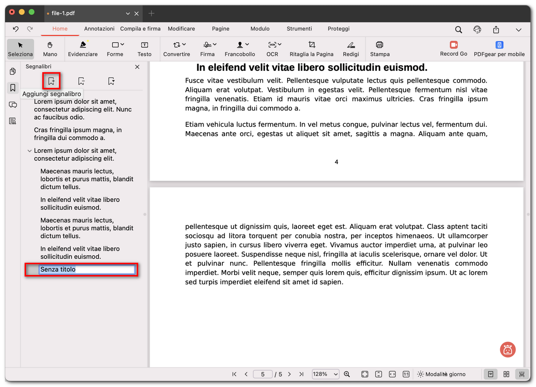 Aggiungere un segnalibro a un PDF su Mac
