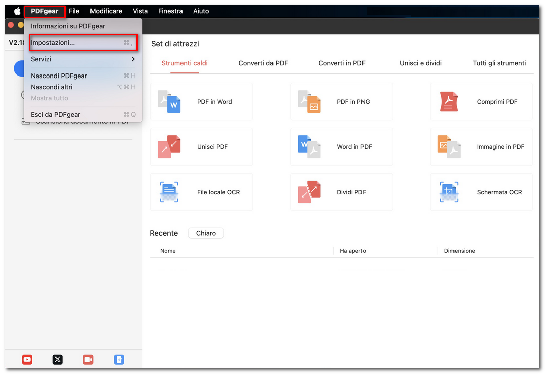 Apri le impostazioni di PDFgear