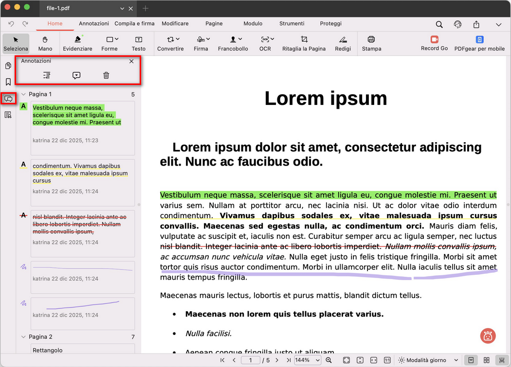 Aprire il pannello Annotazioni