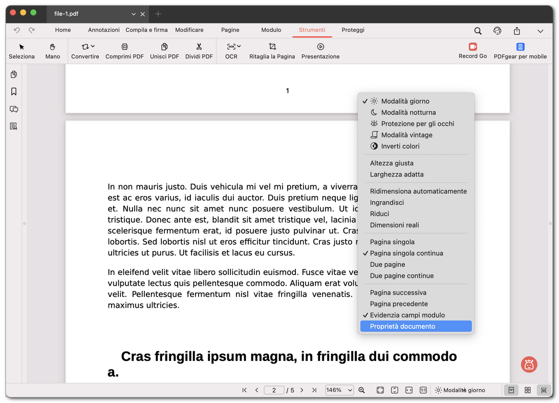 Aprire le proprietà del documento