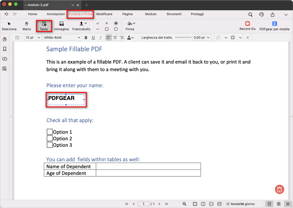 Compilare un modulo con il testo